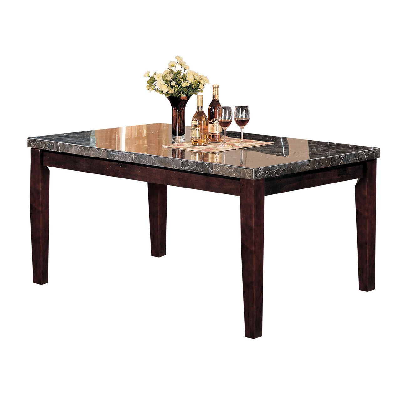 Wooden Dining Table With Marble Top, Dark Walnut Brown