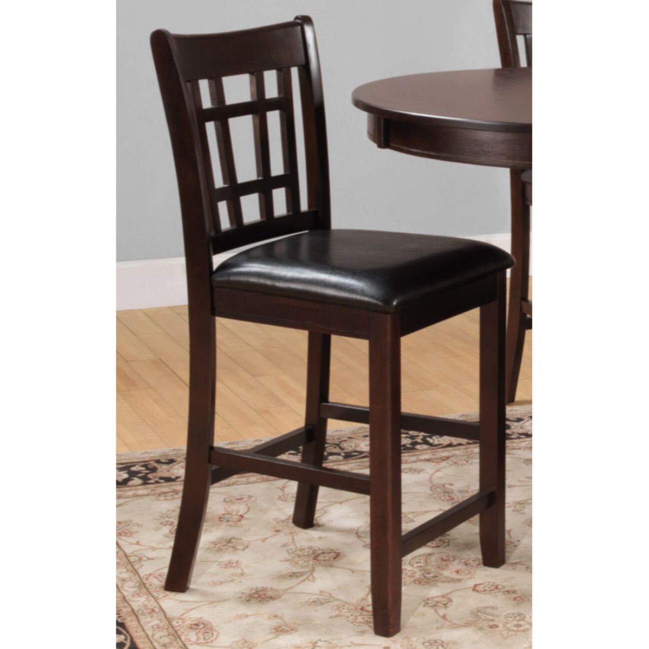 Wooden Counter Height Chair With Leatherette Seat, Dark Cherry Brown, Set of 2