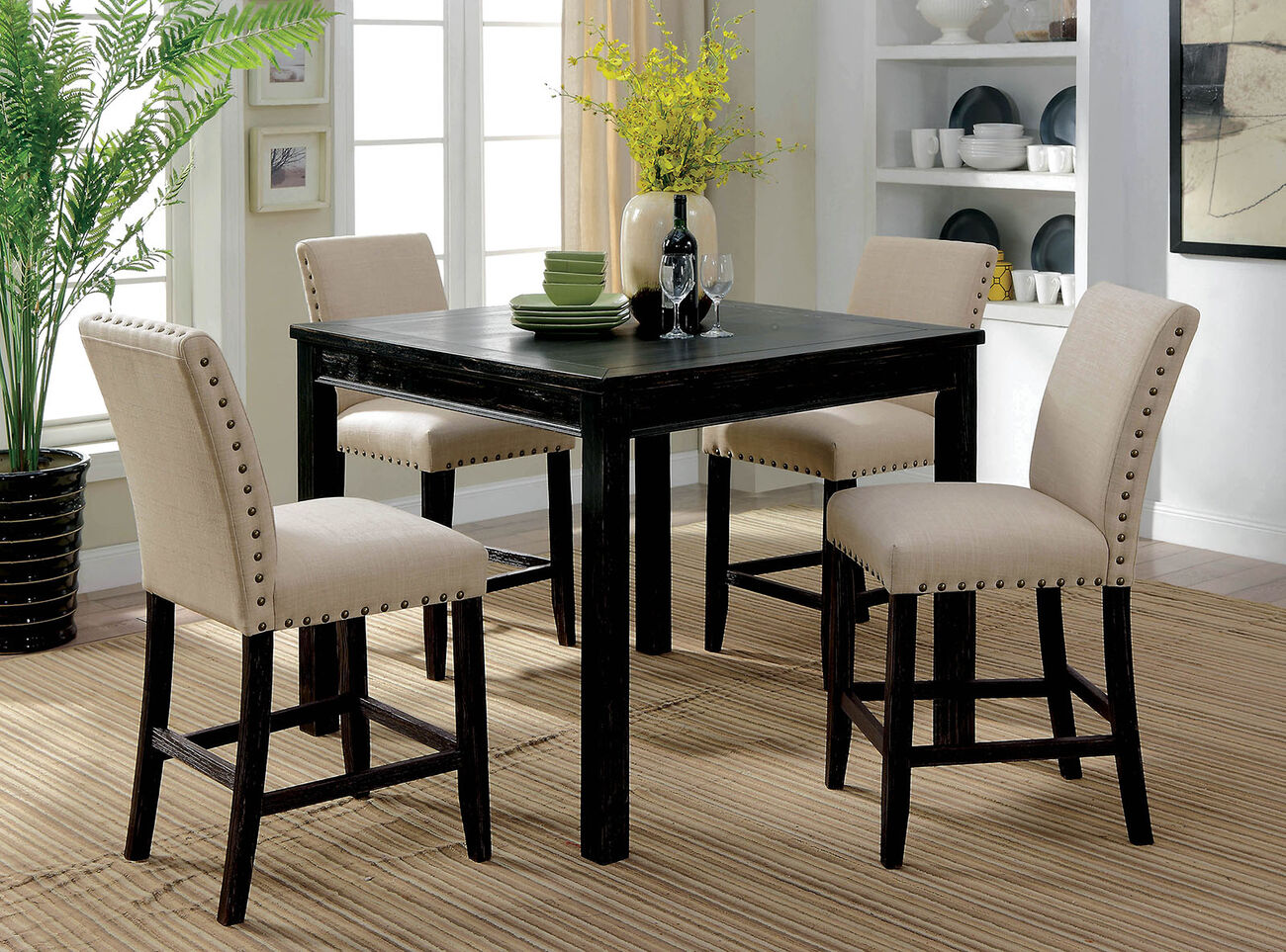 5-Piece Wooden Counter Height Table Set In Antique Black And Beige