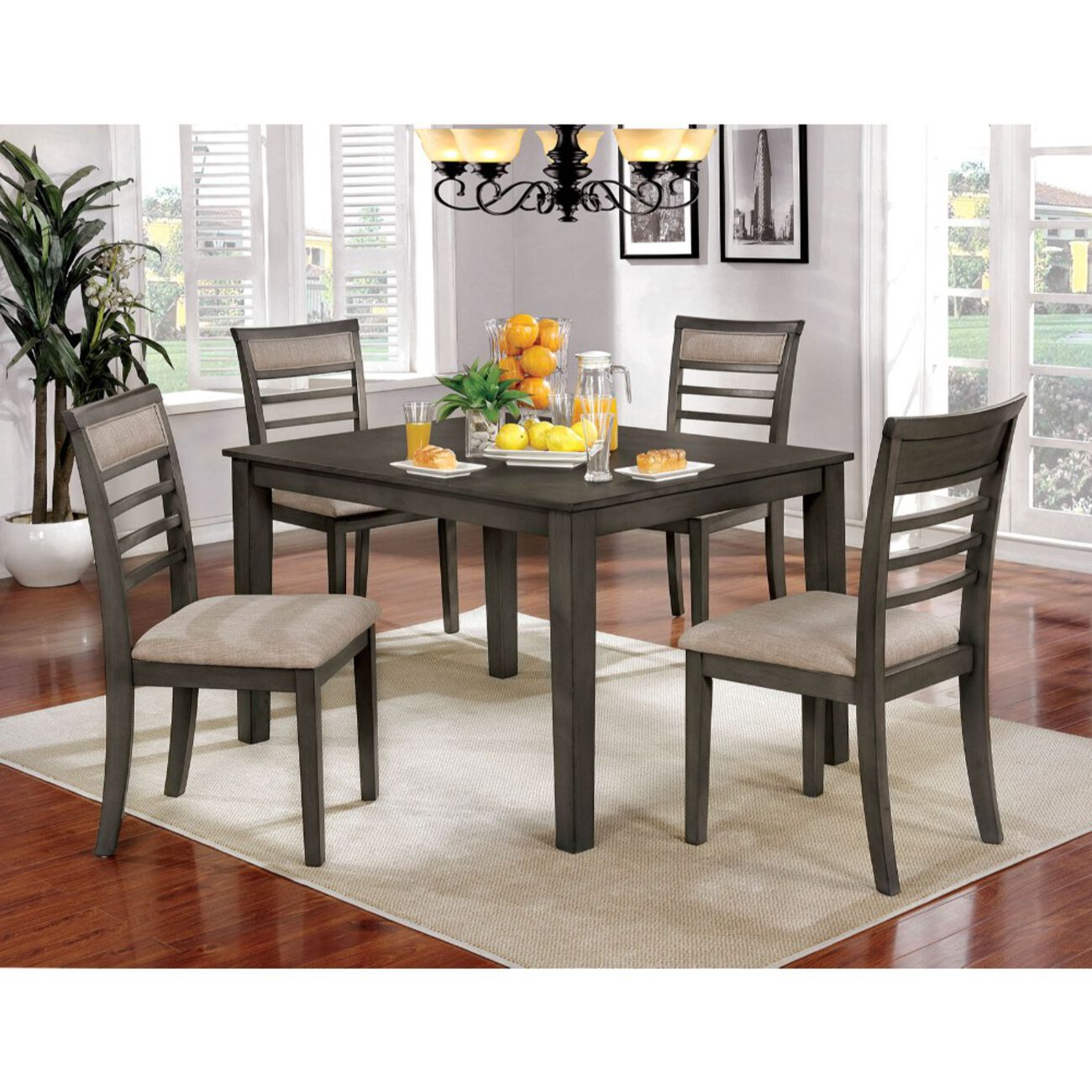 5-Piece Wooden Dining Table Set In Weathered Brown