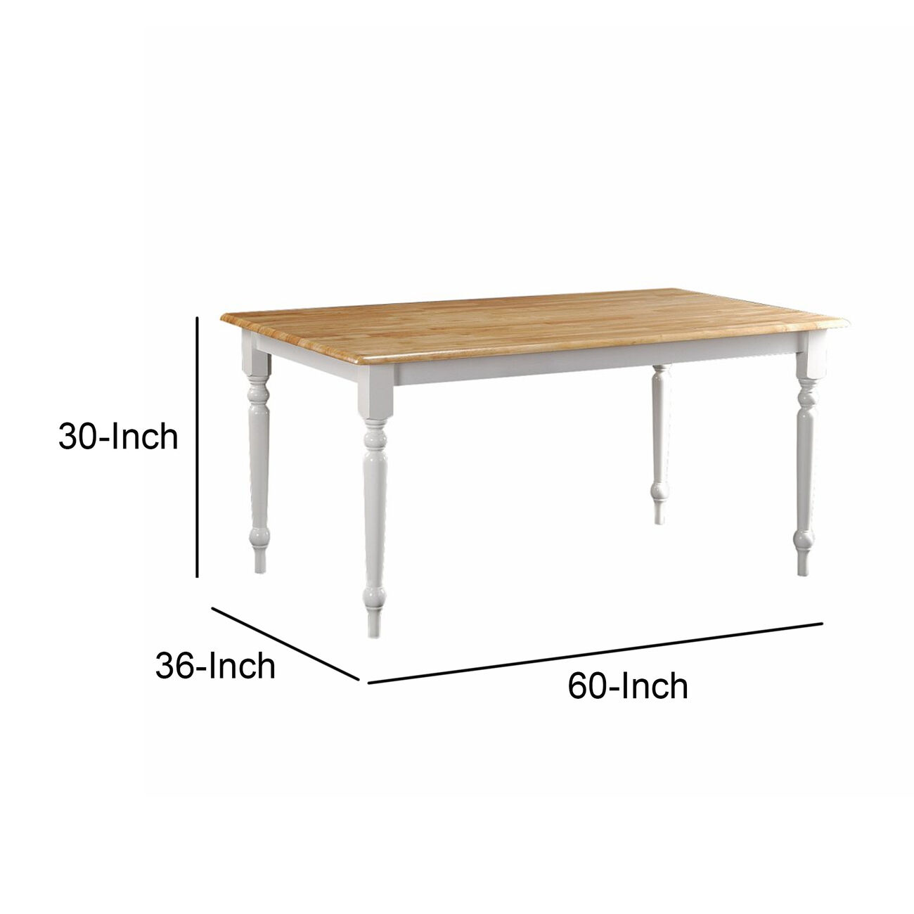 Grained Rectangular Wooden Dining Table with Turned legs, Brown and White