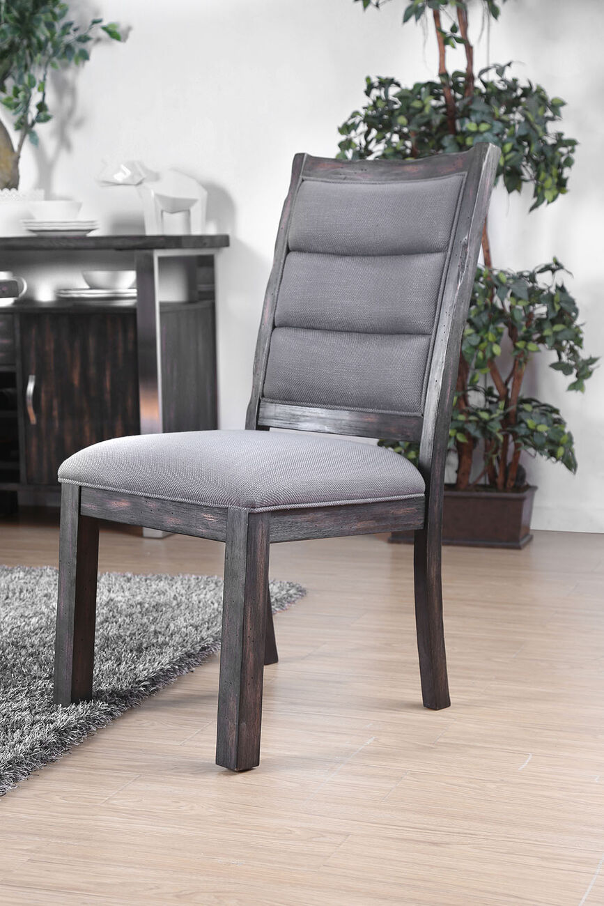 Linen Like Fabric Upholstered Solid Wood Side Chair In Rustic Style, Gray, Pack of Two