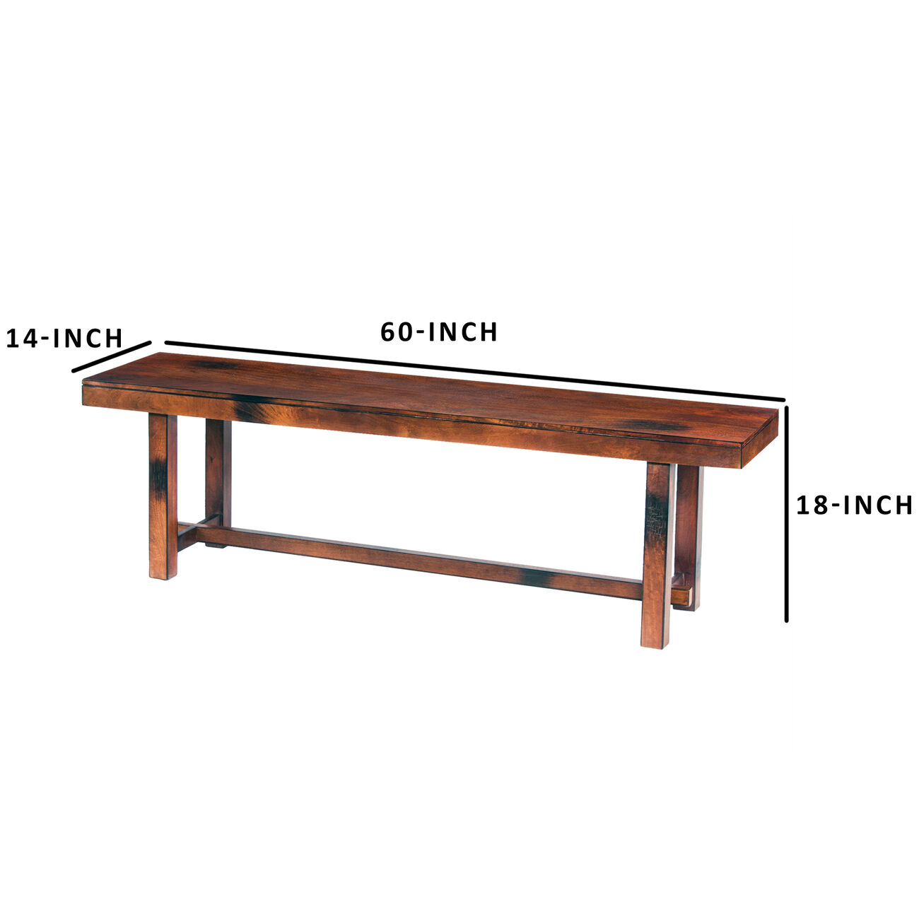 Transitional Style Mango Wood Bench with Block Leg Support, Dark Brown