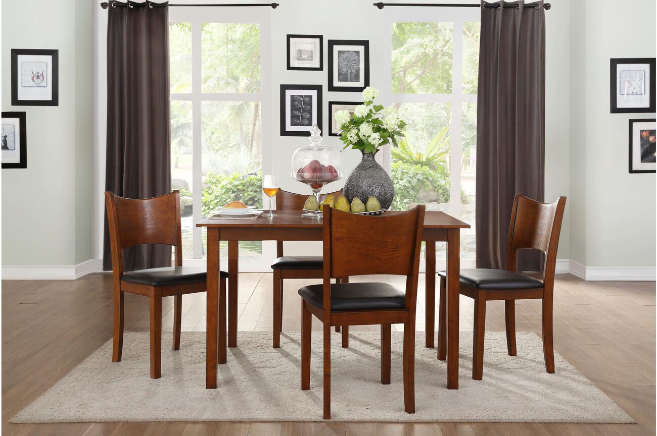Transitional Wooden and Bi Cast Vinyl Upholstered Dinette with Four Chairs, Brown, Pack of Five