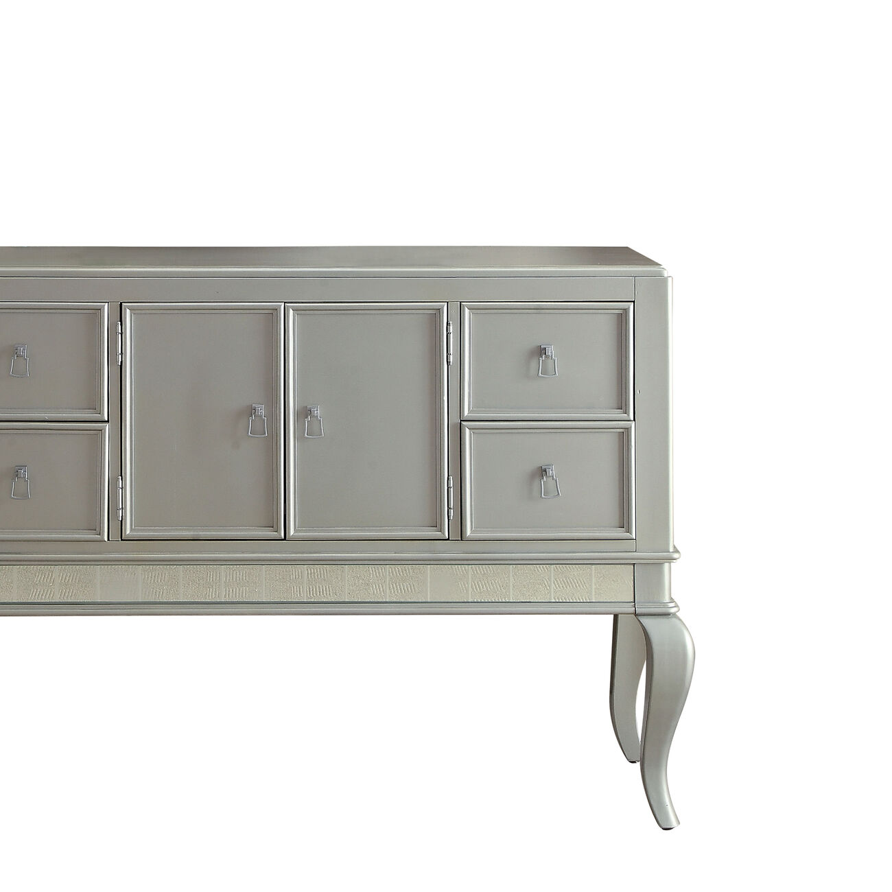 Wooden Server with Four Drawers and Mirror Accents, Champagne Silver