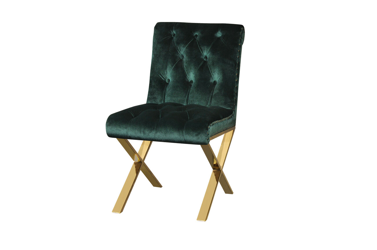 Velvet Upholstered Dining Side Chairs with Steel X Style Legs, Green and Gold, Set of Two