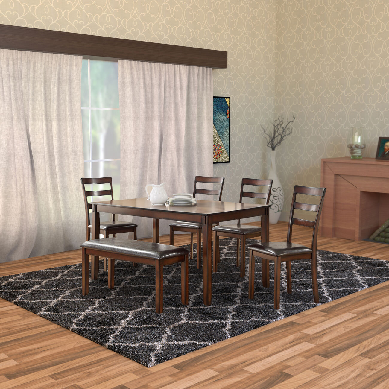 Rubber Wood 6 Pieces Dining Set In Brown