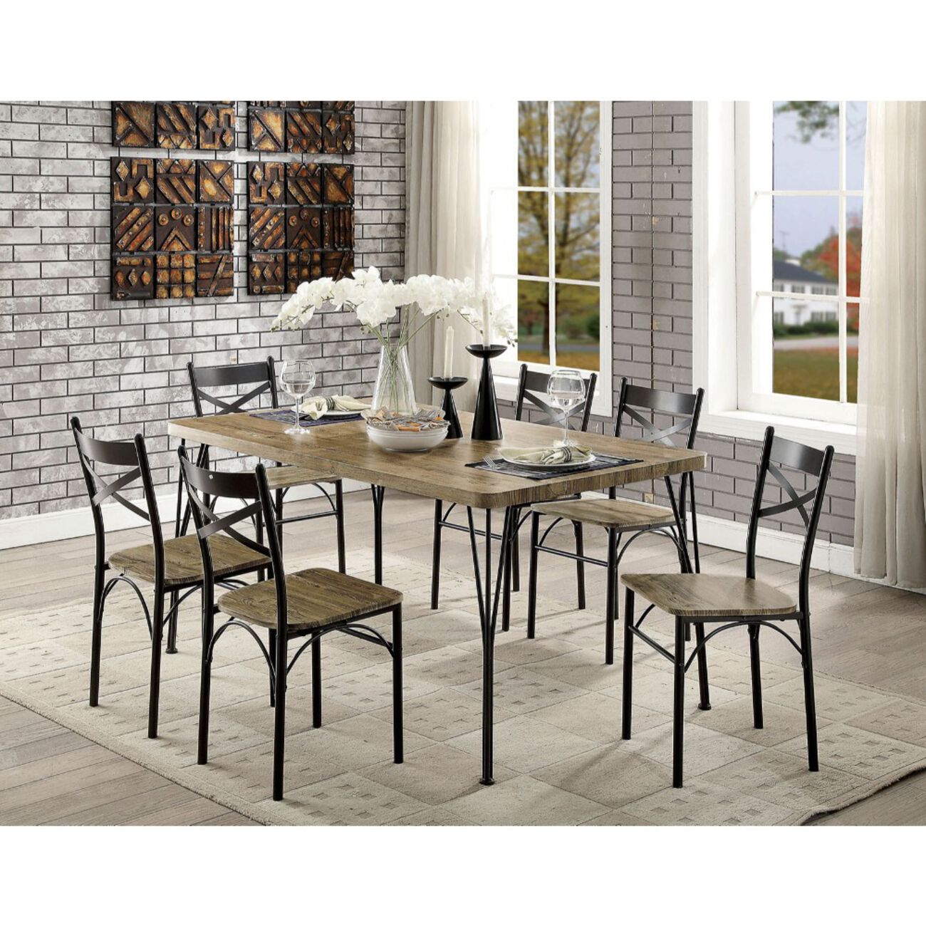 7-Piece Wooden Dining Table Set In Gray and Weathered Brown