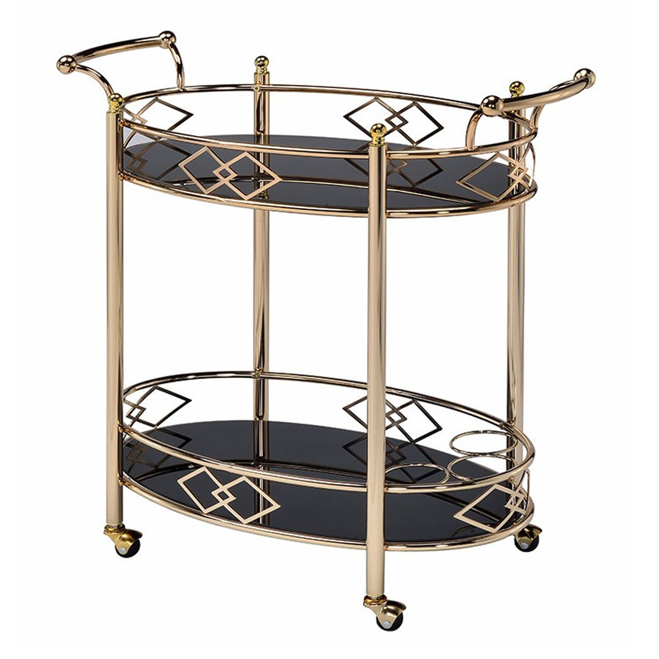 Metal Framed Serving Cart with Tempered Glass Top and Open Bottom Shelf, Gold and Black