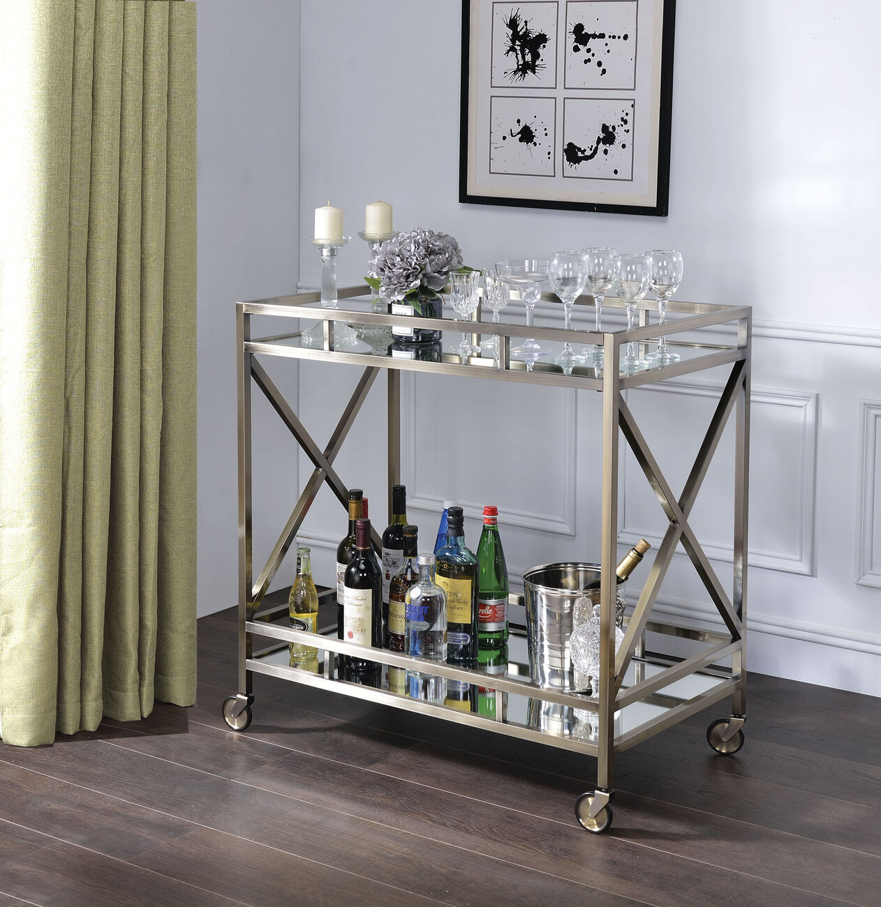 Open Metal Frame 2 Tier Mirrored Serving Cart, Antique Gold and Silver