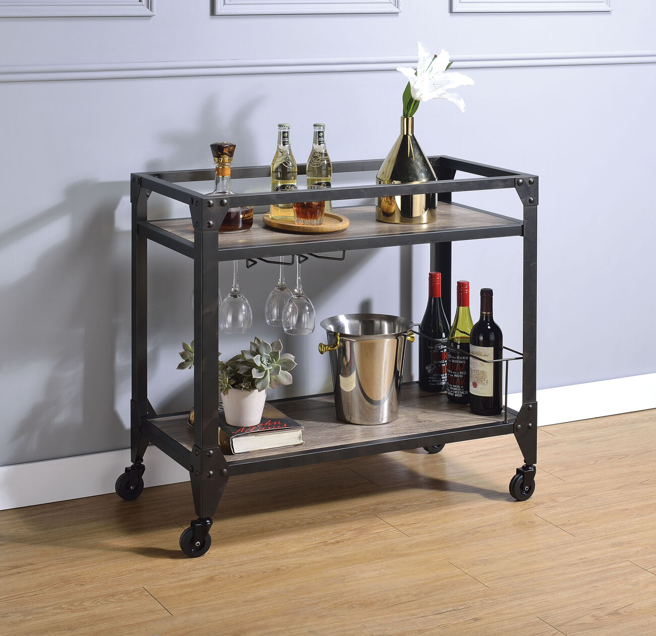 2 Tier Metal Serving Cart with Wooden Shelves and Bottle Holders, Black
