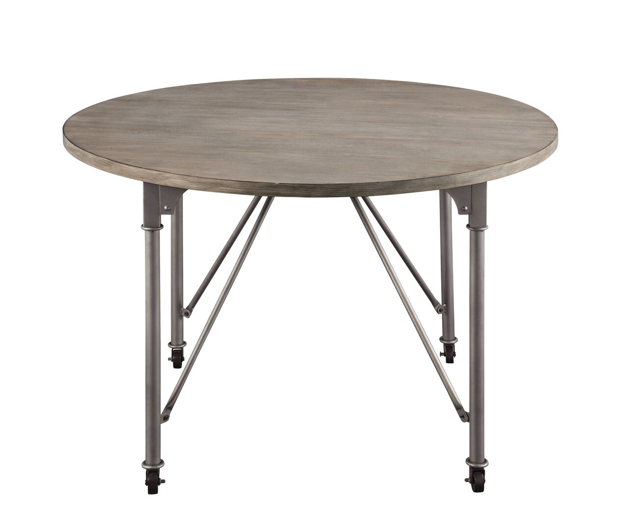Metal Dining Table with Circular Wooden Top and Caster Wheels, Gray