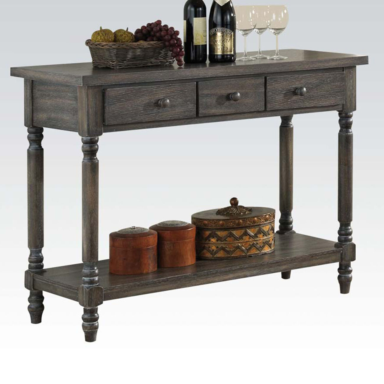 Wooden Rectangular Server with Three Drawers and Open Bottom Shelf, Gray