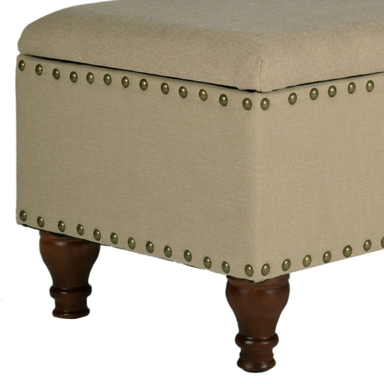 Fabric Upholstered Wooden Storage Bench With Nail head Trim, Large, Beige and Brown
