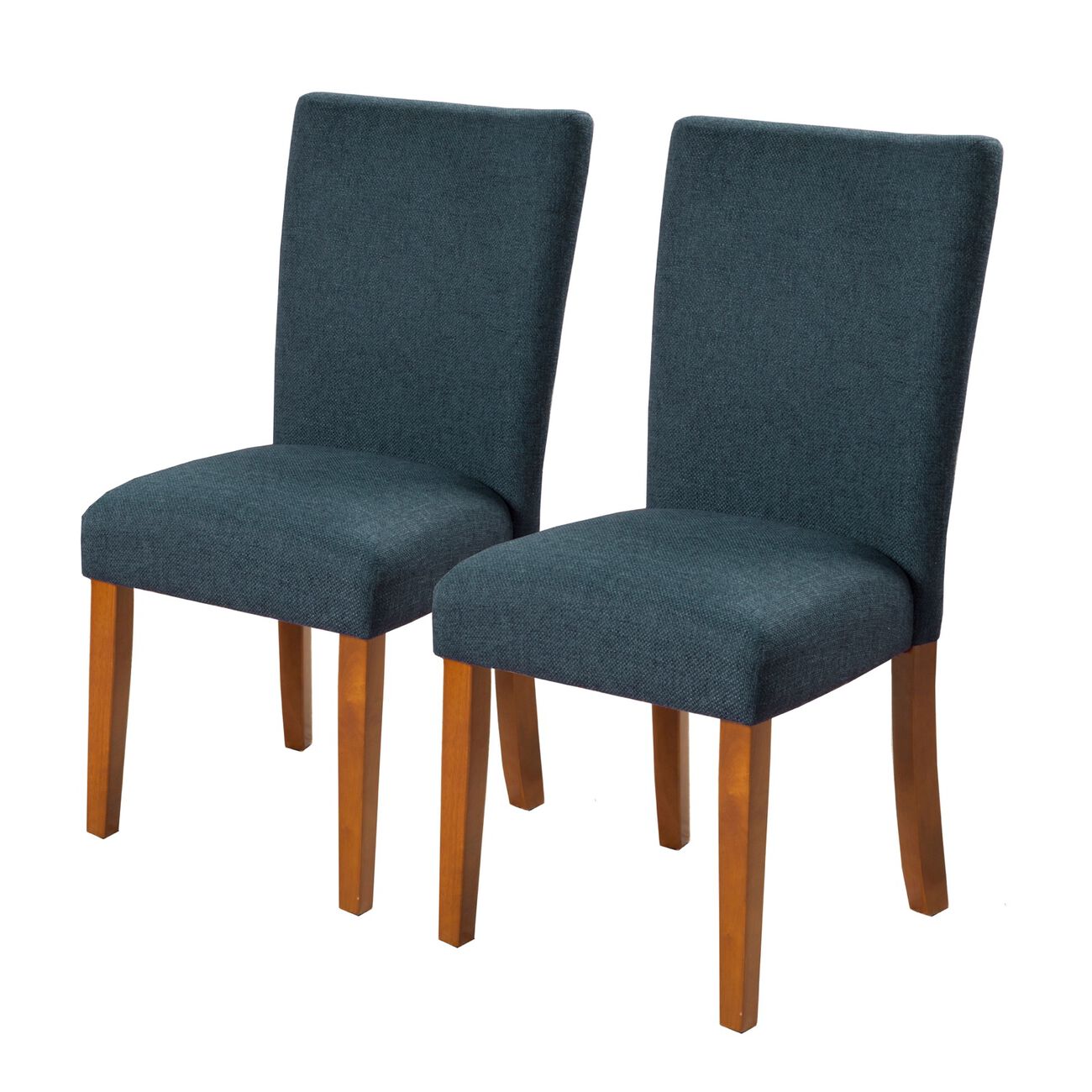 Fabric Upholstered Parson Dining Chair with Wooden Legs, Navy Blue and Brown, Set of Two
