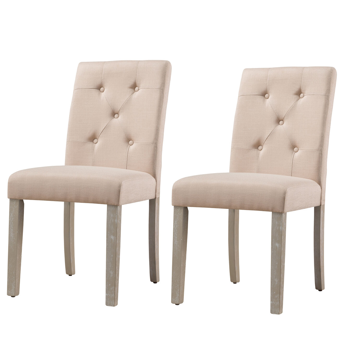 Fabric Upholstered Tufted Dining Chair, Set of 2, Beige and Gray