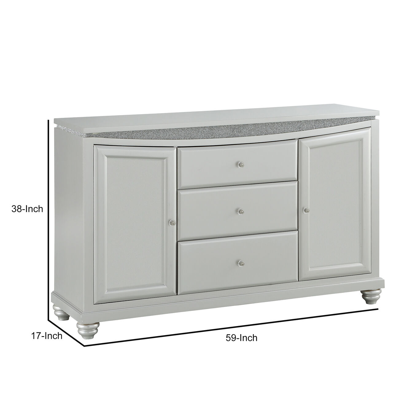 3 Drawer and 2 Door Wooden Server with Crystal Accent, Silver