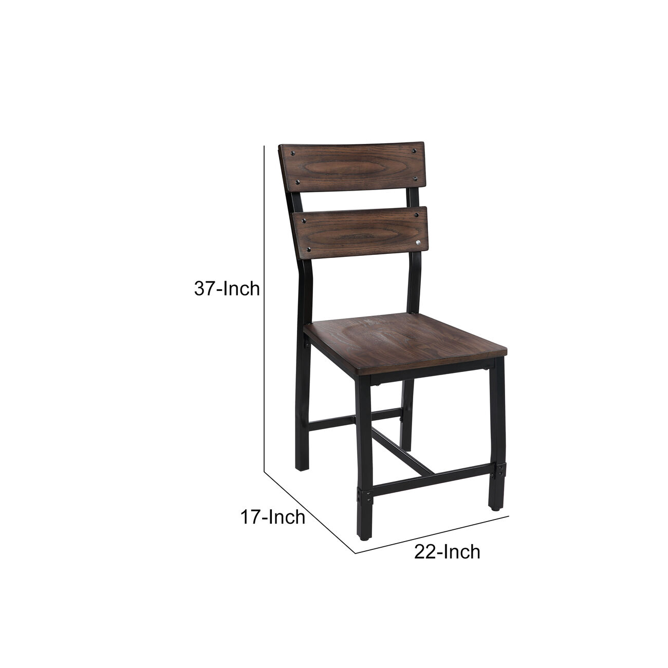 Wood and Metal Dining Side Chairs, Set of 2, Brown and Black