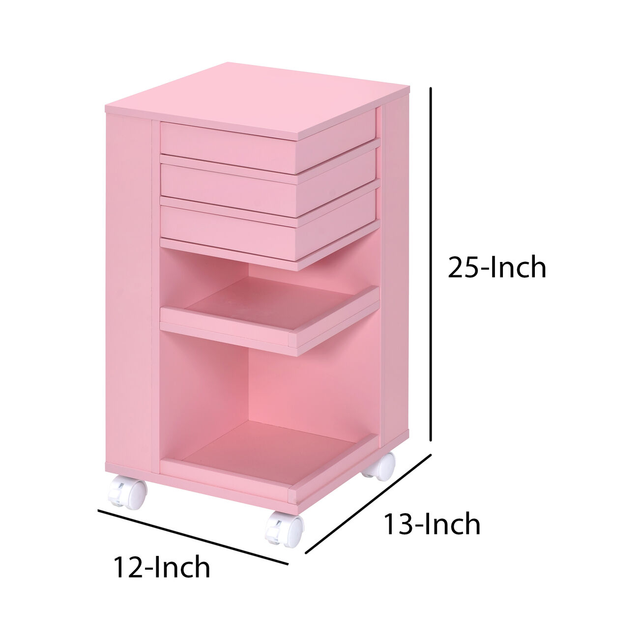 Wooden Storage Cart with 3 Drawers and 2 Open Shelves, Pink