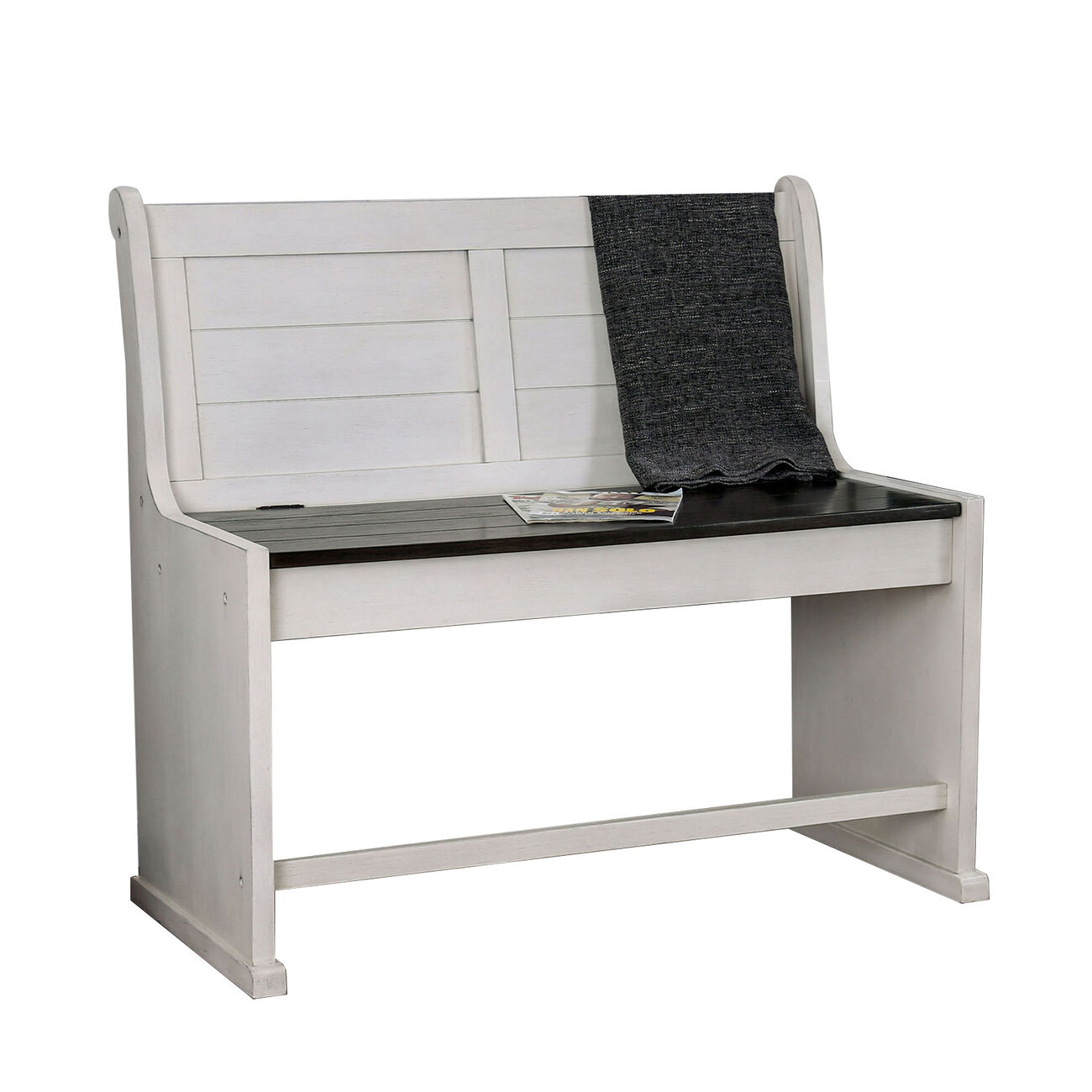 Wooden Counter Height Bench with Lift Top Seat, White and Black