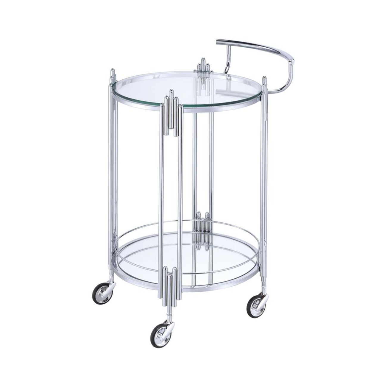 Metal and Mirror Round Serving Cart with Open Shelf, Silver