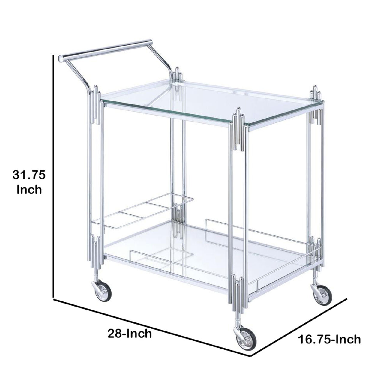 Metal and Mirror Rectangular Serving Cart with Open Shelf, Silver