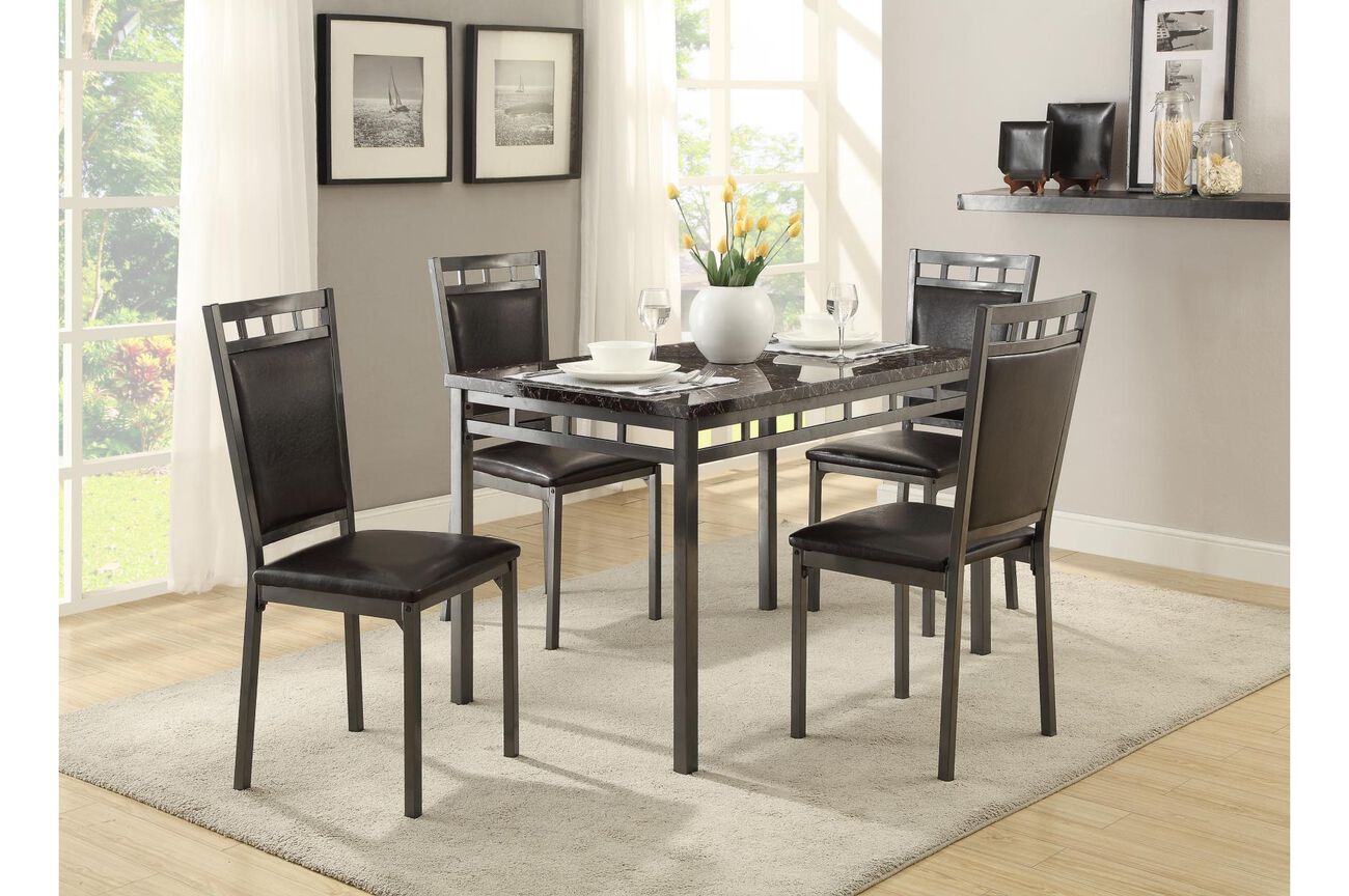 Metal Dinette Pack with Bi Cast Vinyl Upholstered Four Chairs, Gray and Brown, Pack of Five