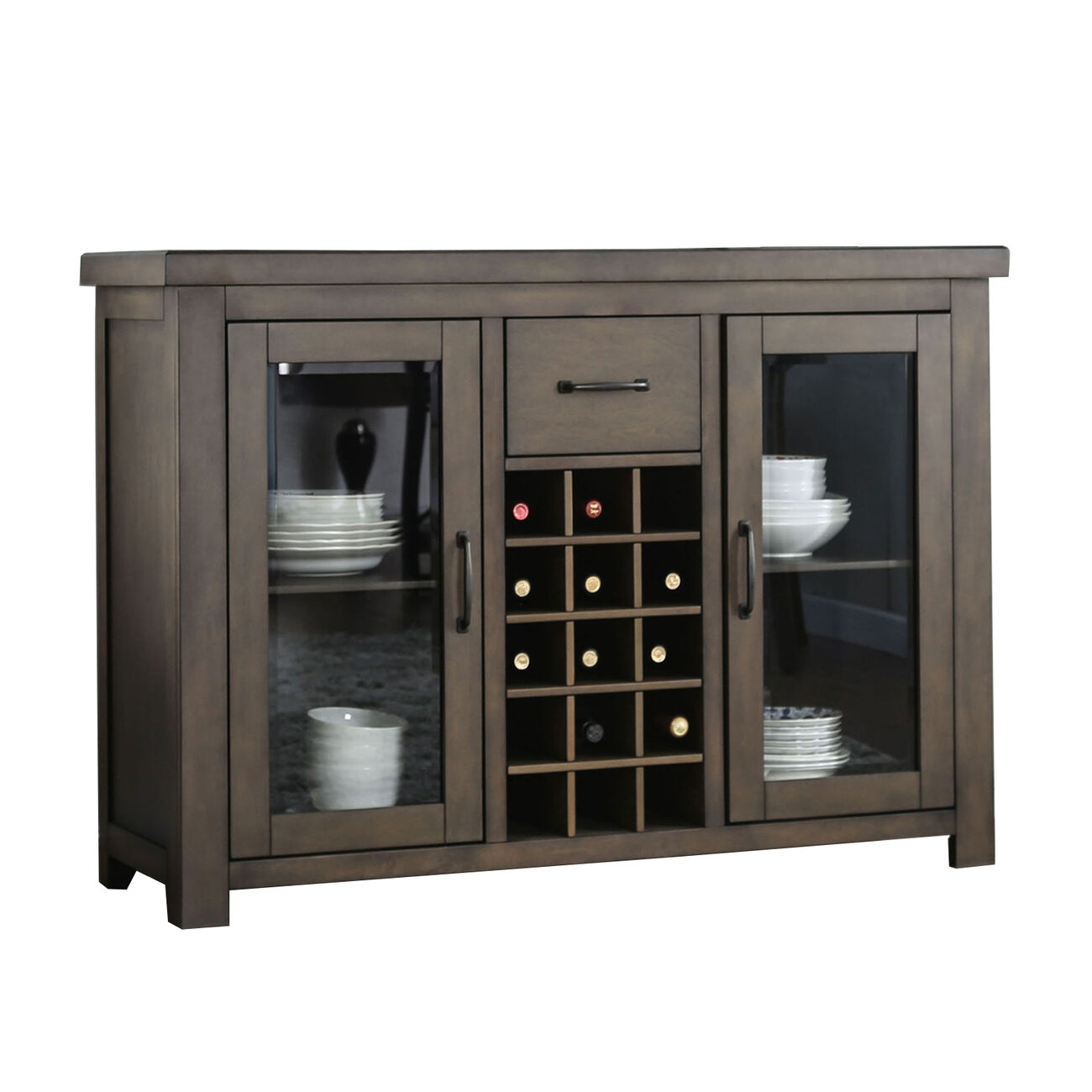 Wooden Server in with Storage Cabinets and Wine Racks, Brown