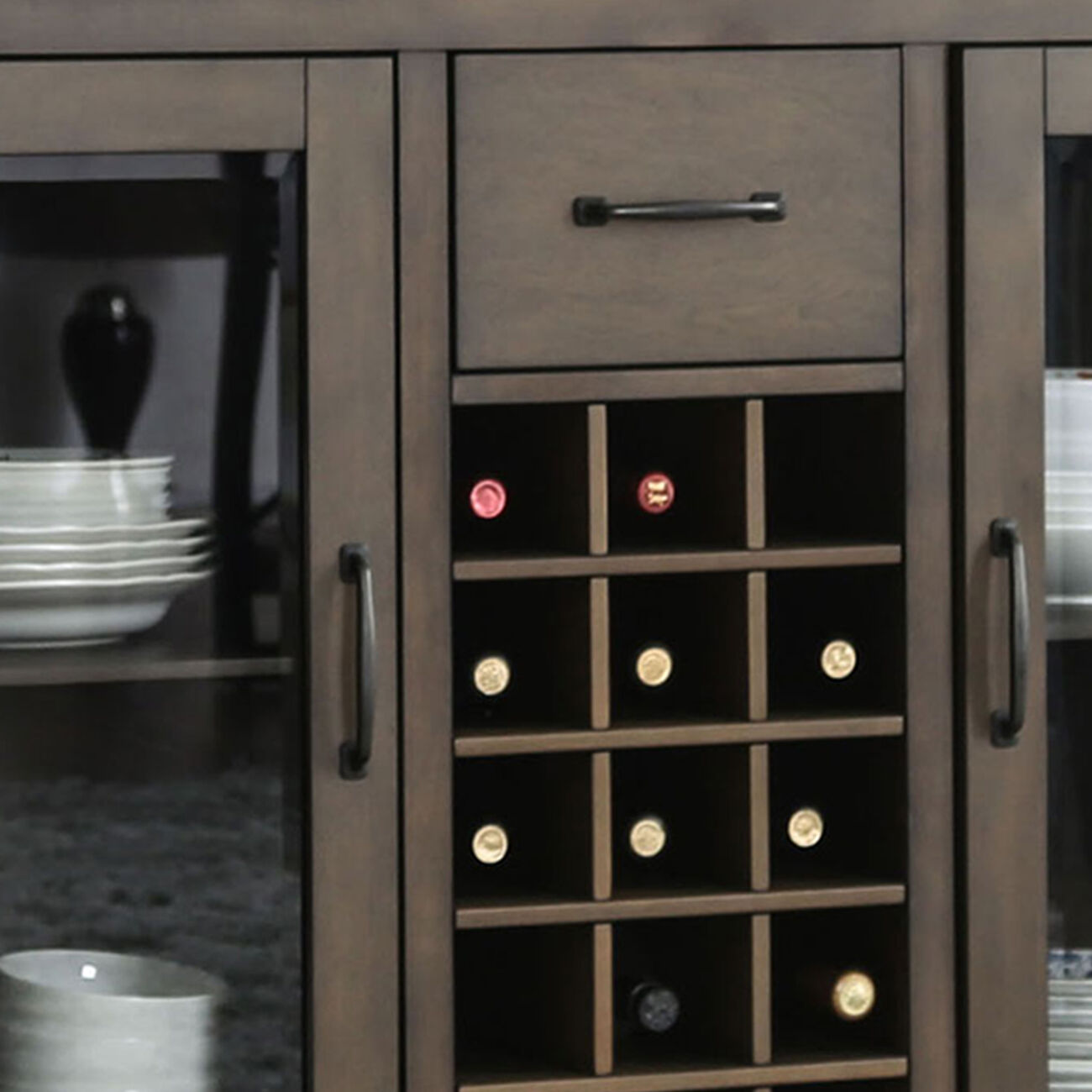 Wooden Server in with Storage Cabinets and Wine Racks, Brown