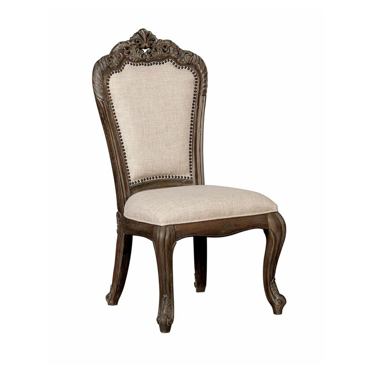 Wooden Side Chair with Nailhead Trim Details, Set of 2, Beige and Brown