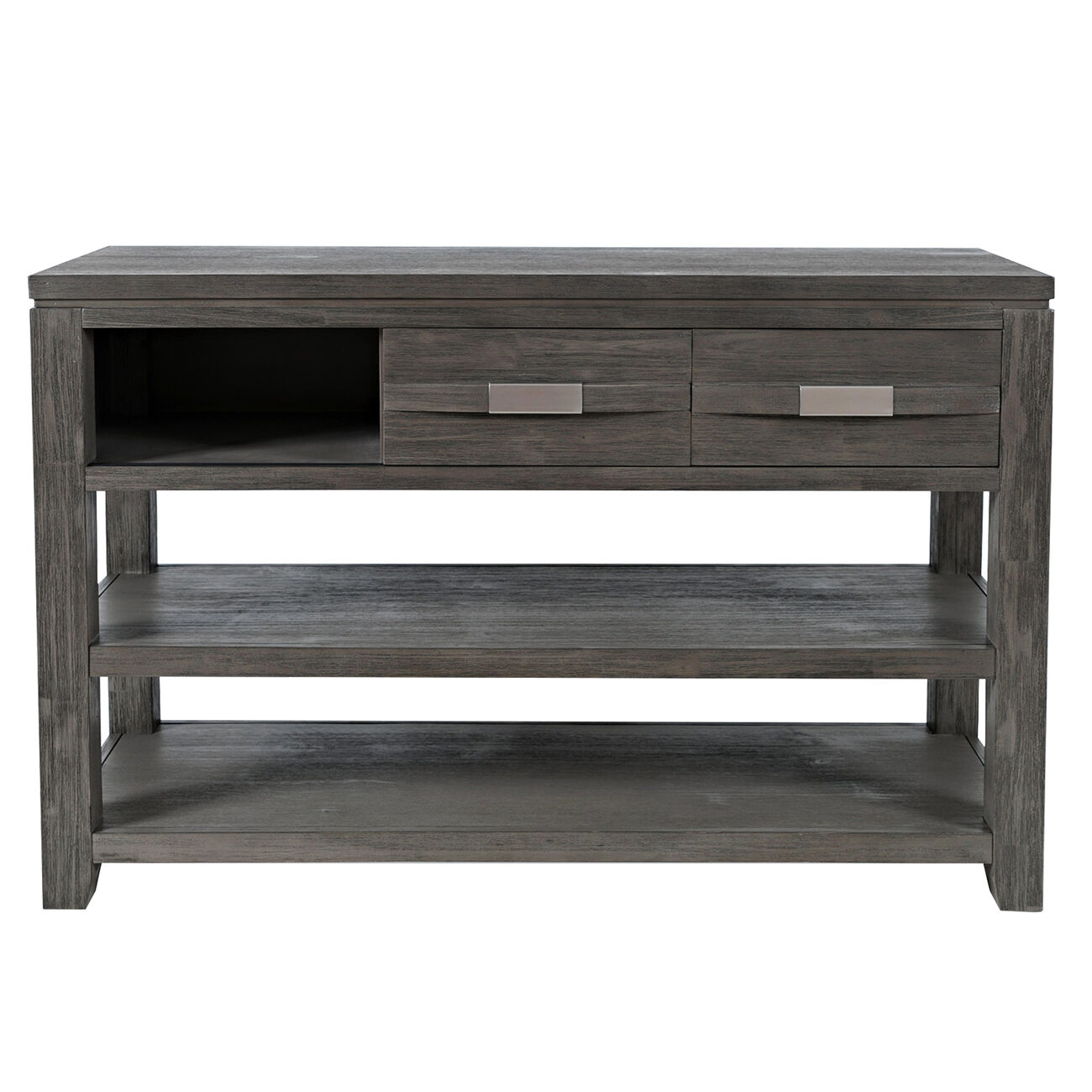 Wooden Sofa Table with 3 Open Compartments and 2 Sliding Doors, Light Gray 