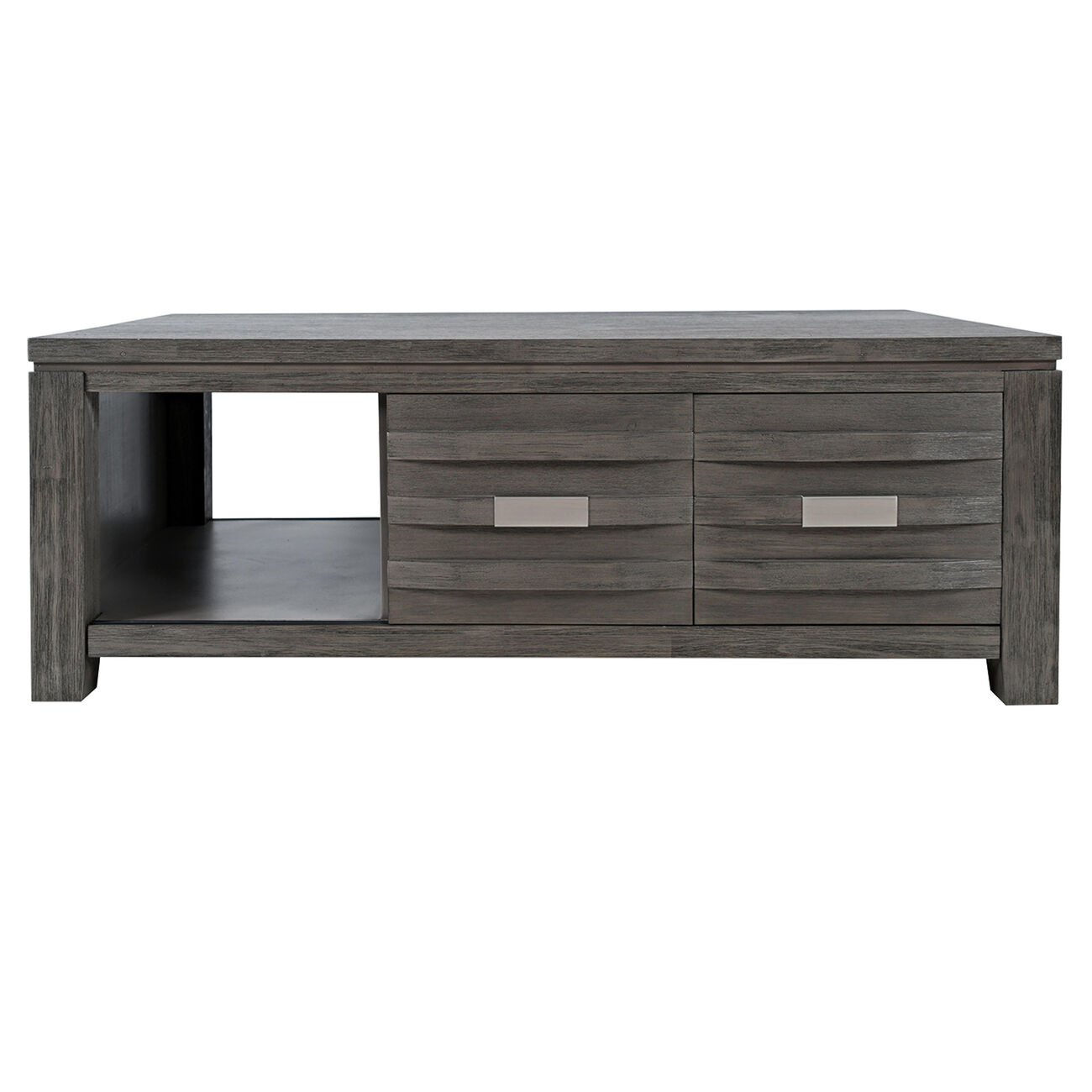 Wooden Cocktail Table with 3 Open Compartments and 2 Sliding Doors, Gray