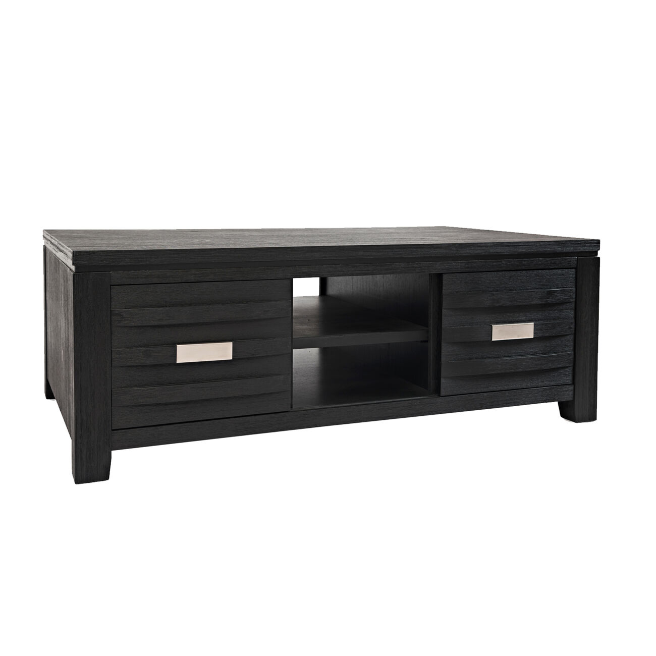 Wooden Cocktail Table with Sliding Door and Center Shelf, Dark Gray