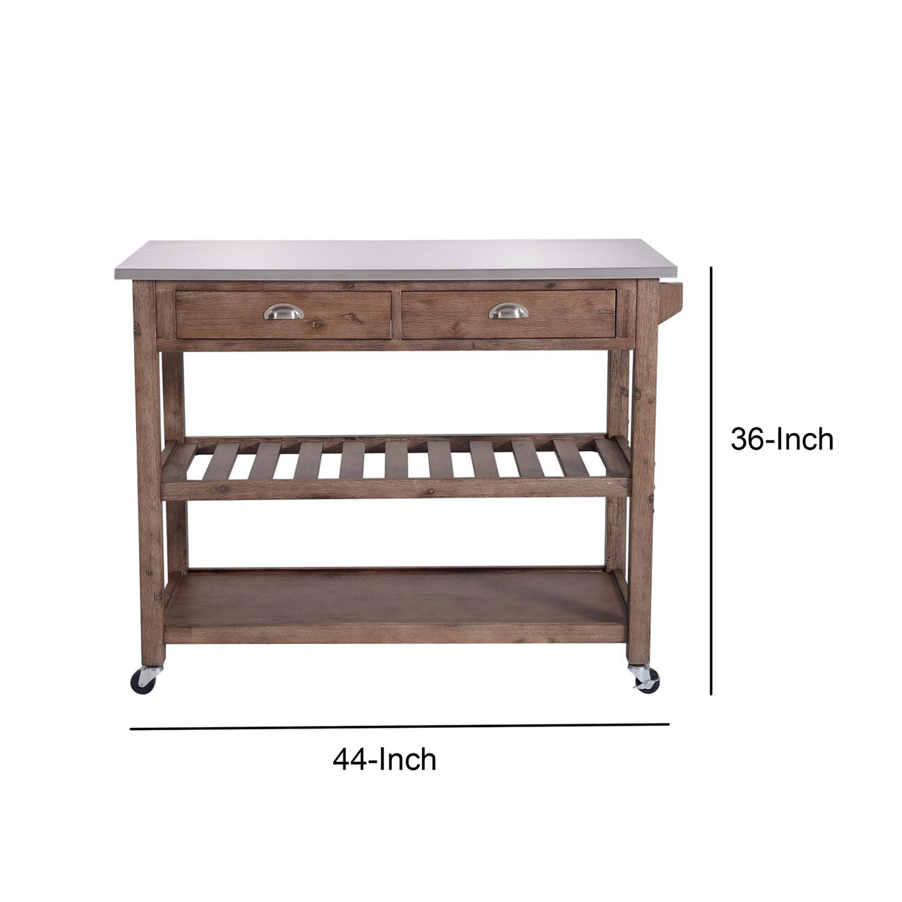 2 Drawers Wooden Kitchen Cart with Metal Top and Casters, Gray and Brown