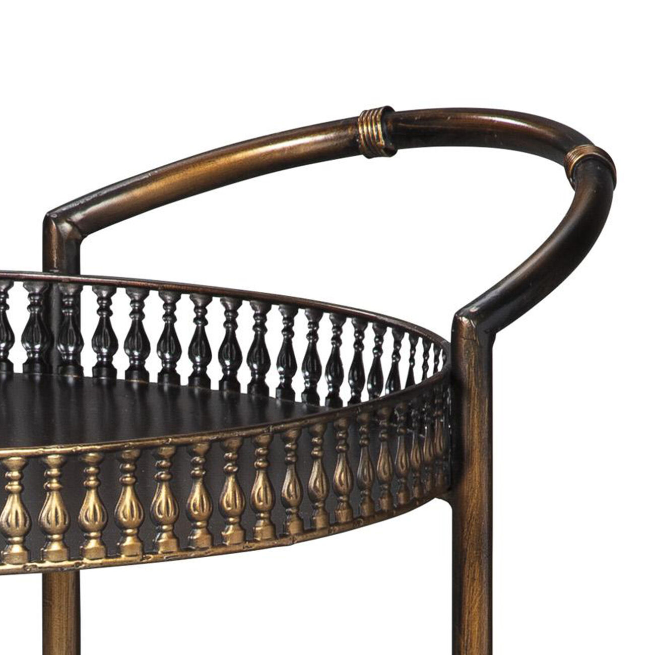 Round Tray Top Bar Cart with Spindle Railings and Curved Handles, Bronze