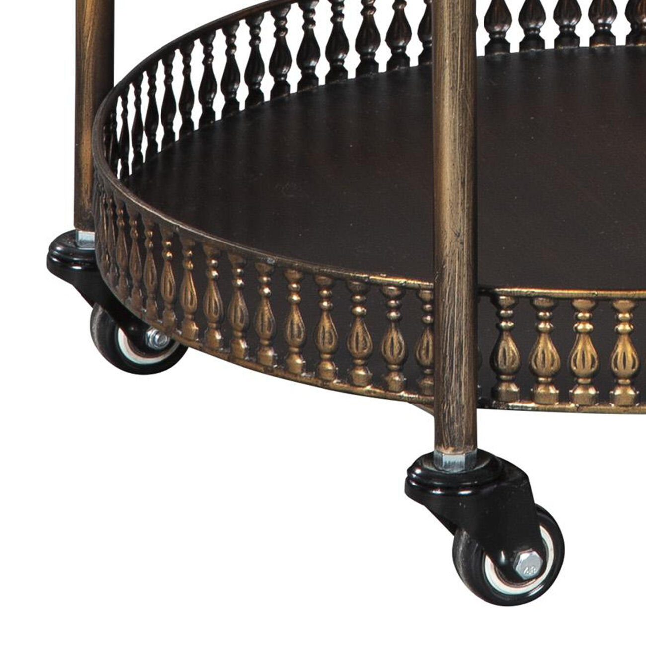 Round Tray Top Bar Cart with Spindle Railings and Curved Handles, Bronze