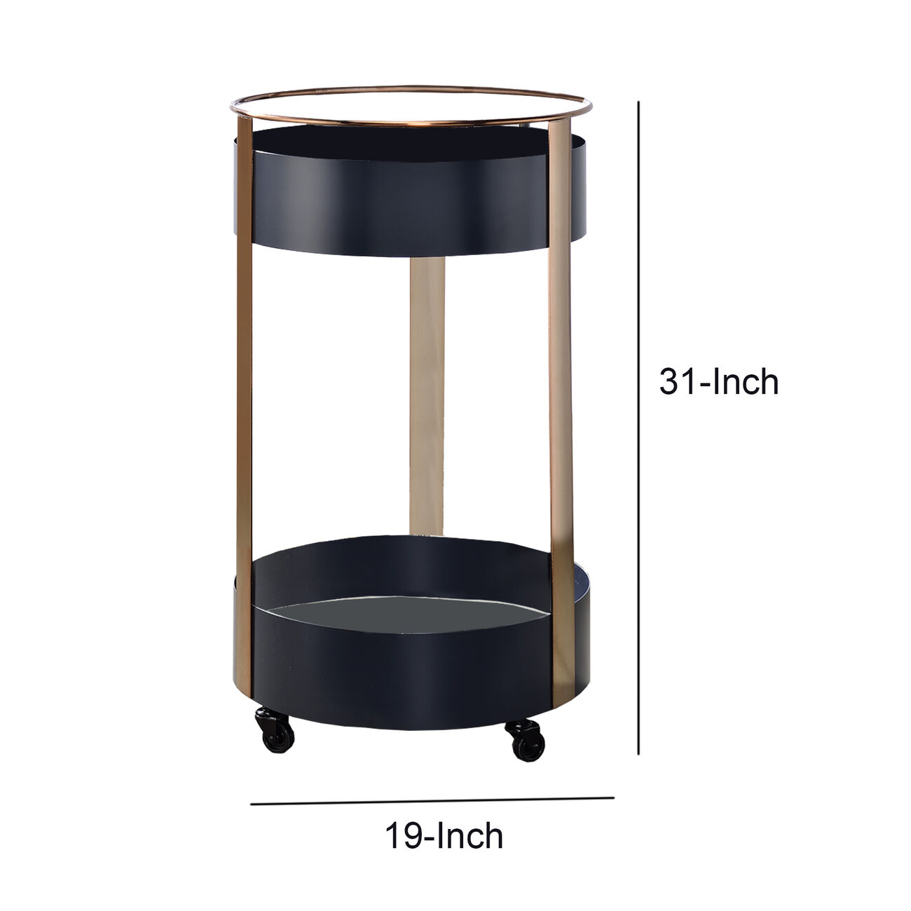 Round Metal Frame Serving Cart with Casters and Open Shelf, Black and Gold