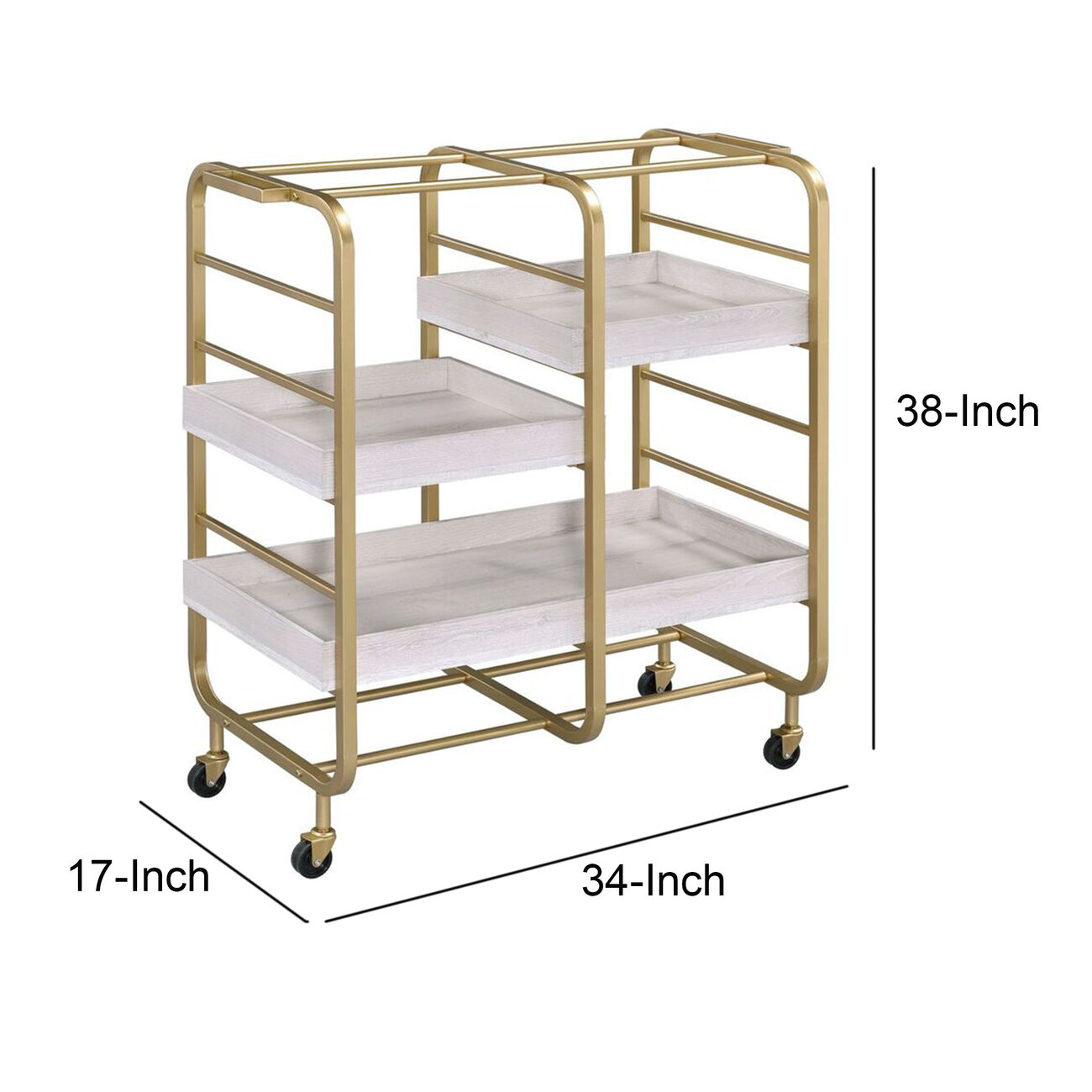 Metal Frame Serving Cart with Adjustable Compartments,Gold and Washed White
