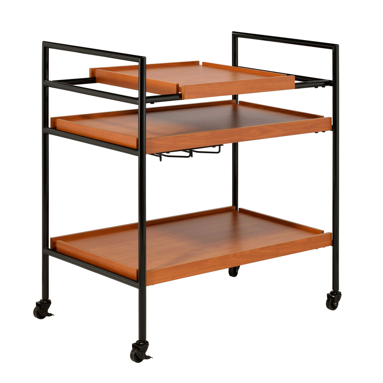 Metal Frame Serving Cart with Adjustable Compartments, Oak Brown and Black