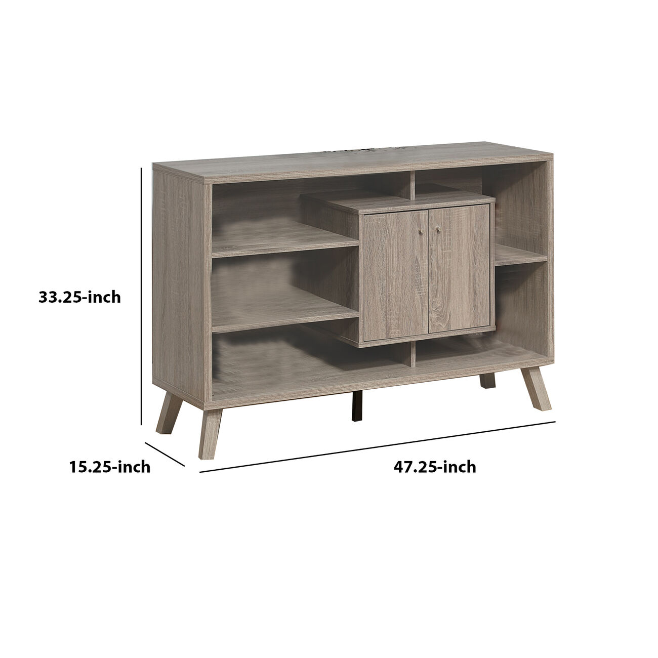 Wooden Frame Buffet with 5 Open Compartments and 2 Doors, Light Gray