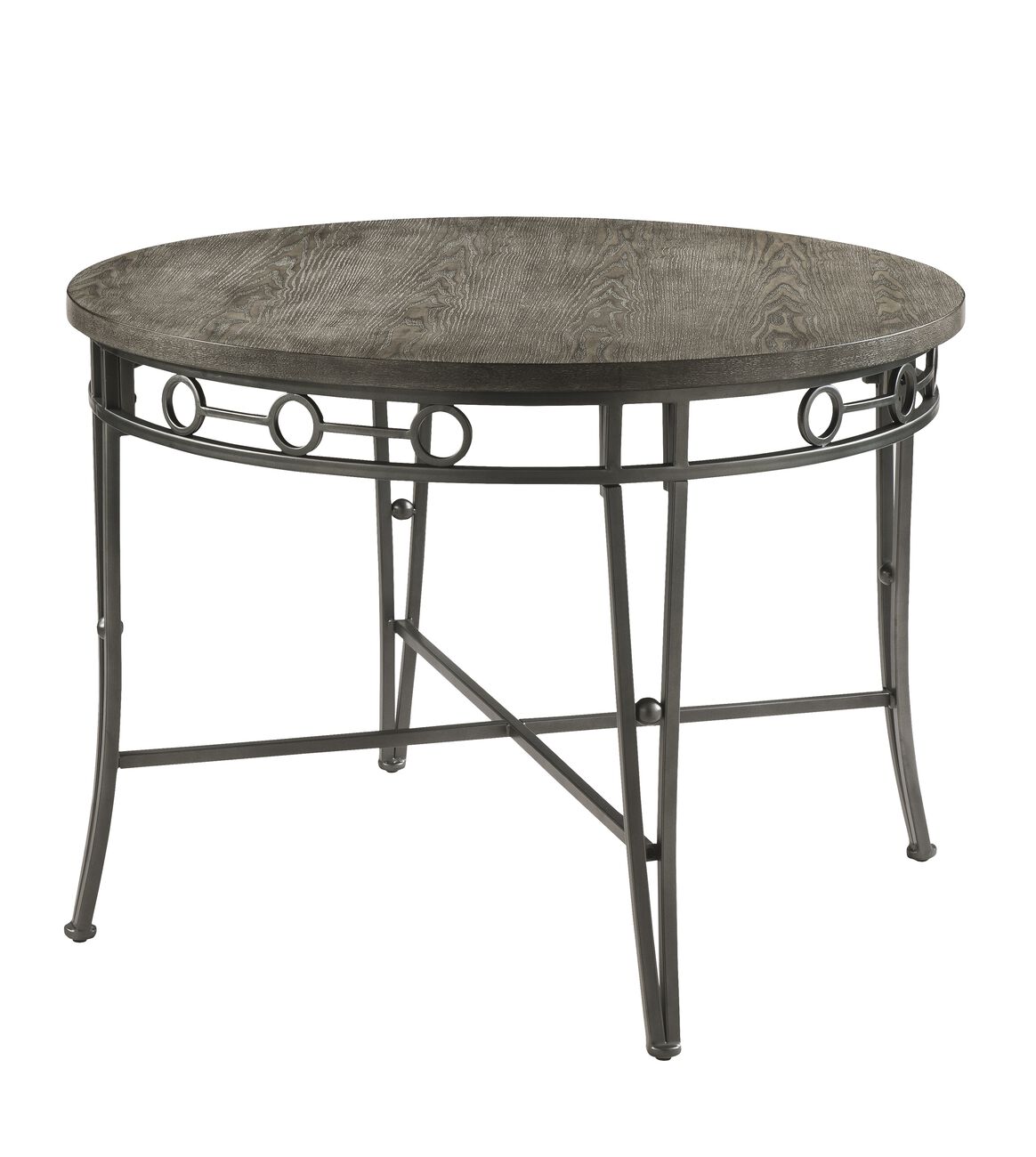Round Dining Table with Wooden Top and Geometric Metal Accents, Gray
