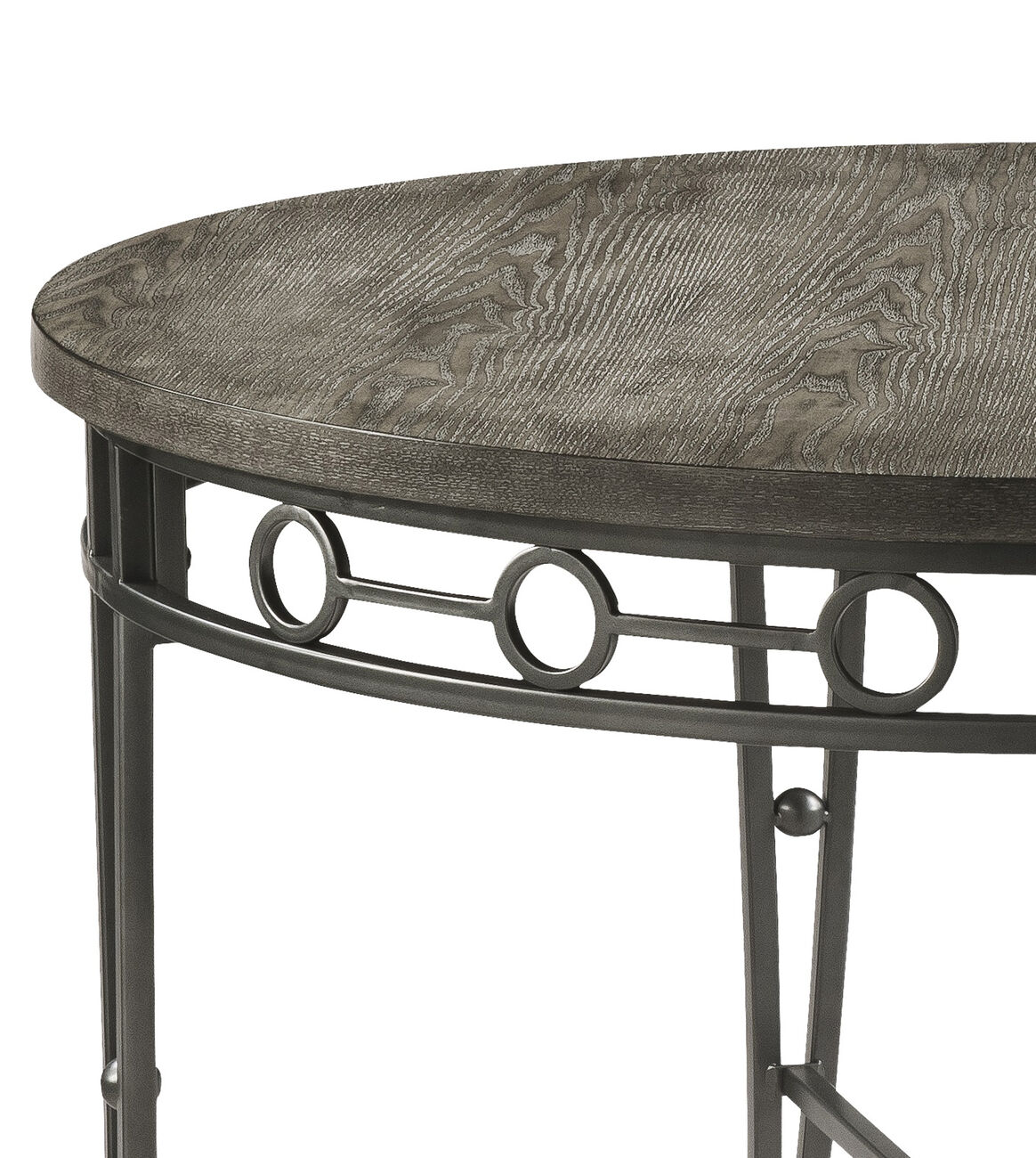 Round Dining Table with Wooden Top and Geometric Metal Accents, Gray