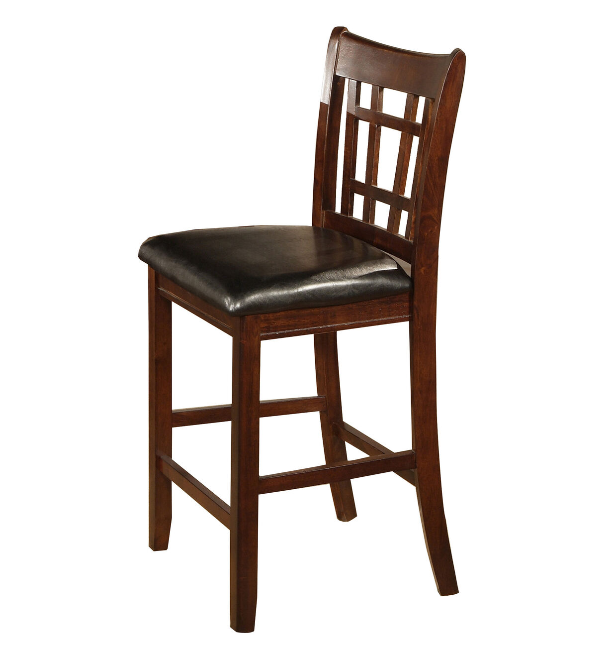 Leatherette Wooden Counter Chair with Lattice Cut Out Back, Set of 2, Brown