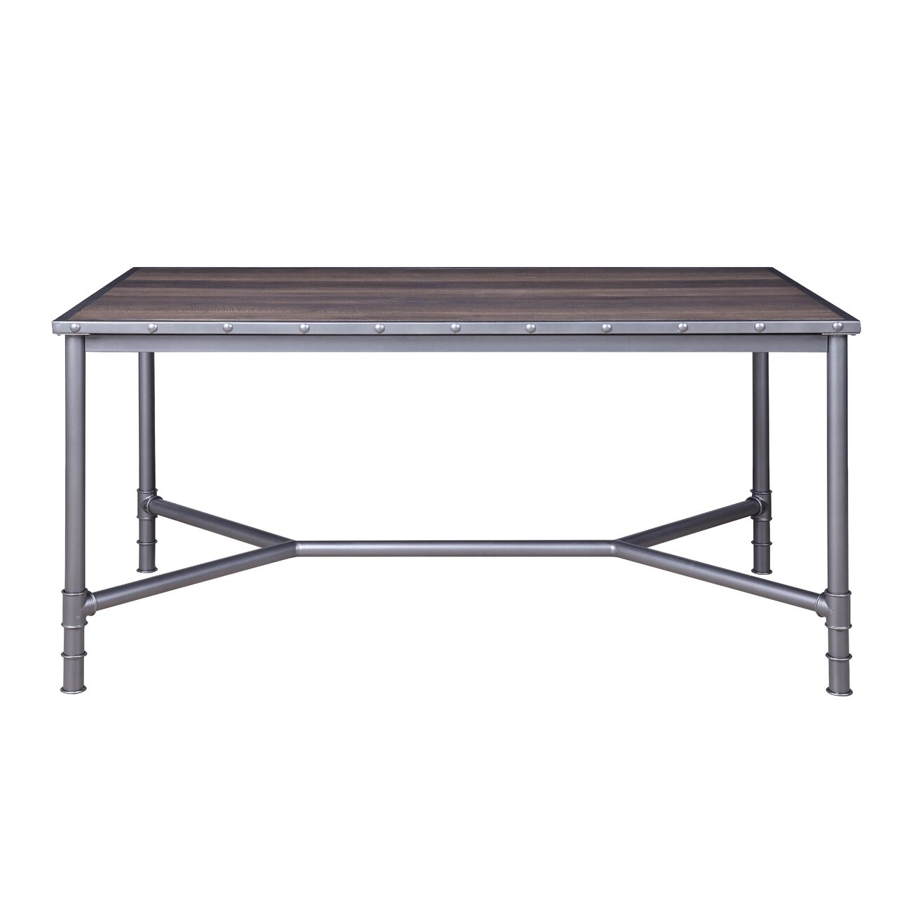 Pipe Design Base Industrial Dining Table with Studded Nails,Gray and Brown - BM215334