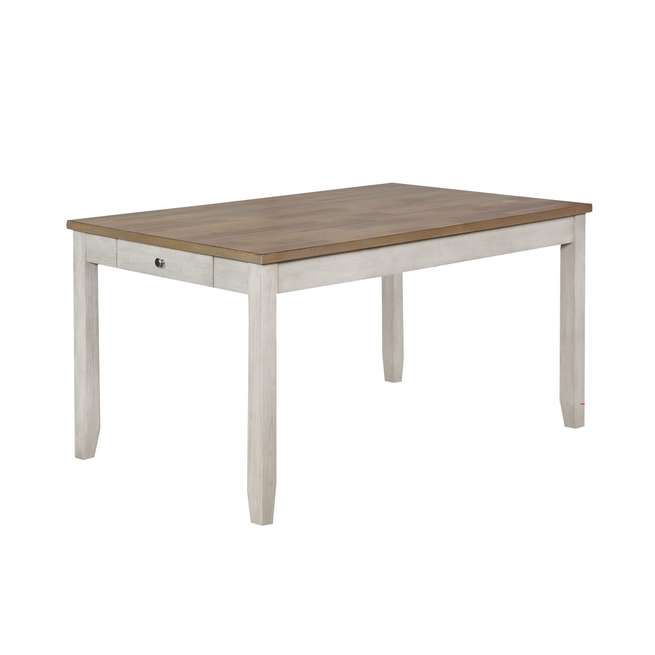 Wooden Dining Table with Side Drawer and Chamfered Feet, White and Brown