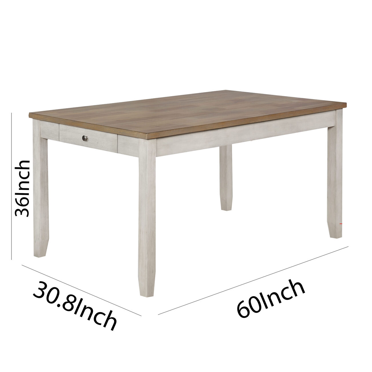 Wooden Dining Table with Side Drawer and Chamfered Feet, White and Brown