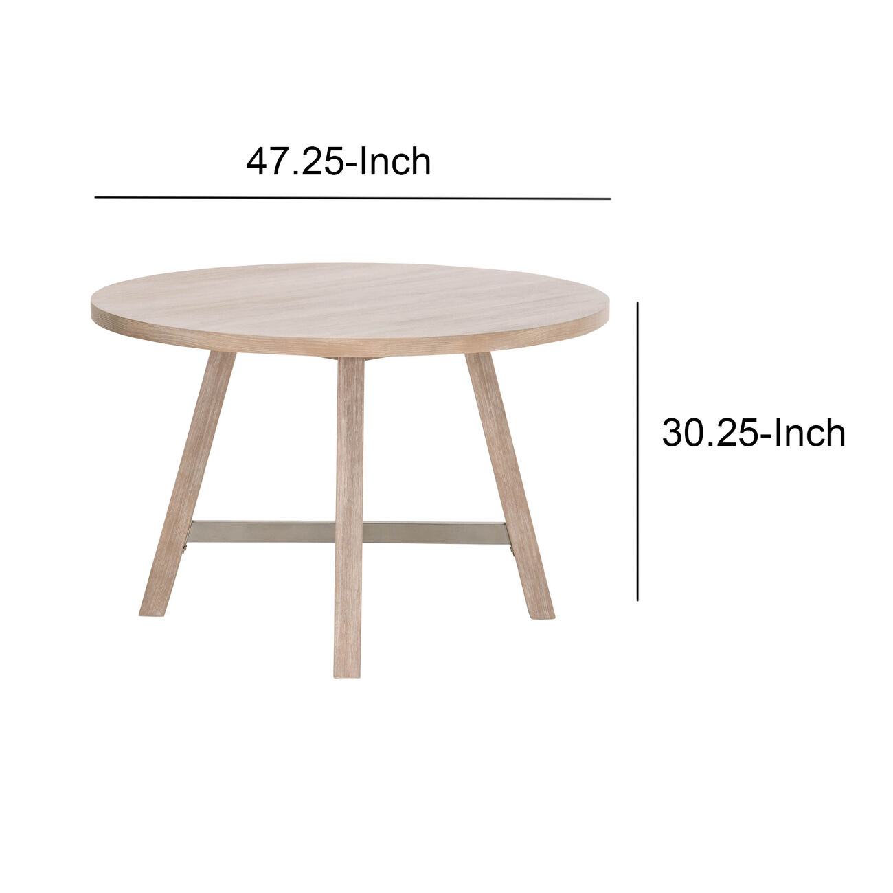 Grained Round Wooden Frame Dining Table with Metal Cross Bar, Brown