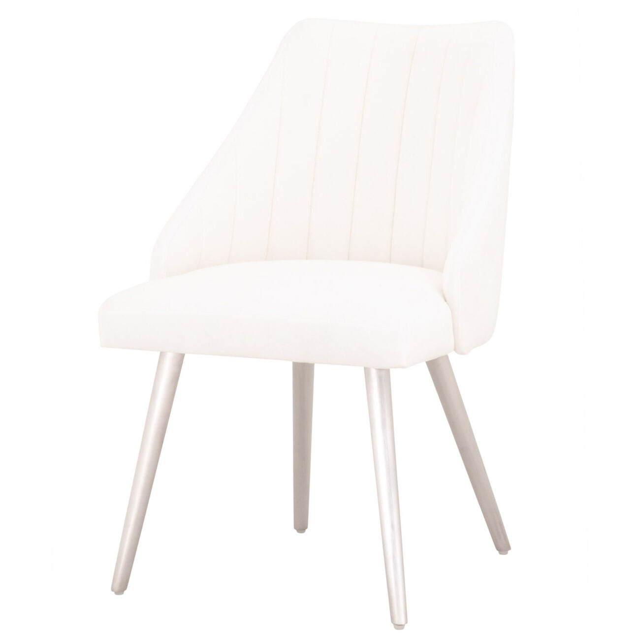 Channel Tufted Dining Chair with Metal Legs, Set of 2, White and Silver