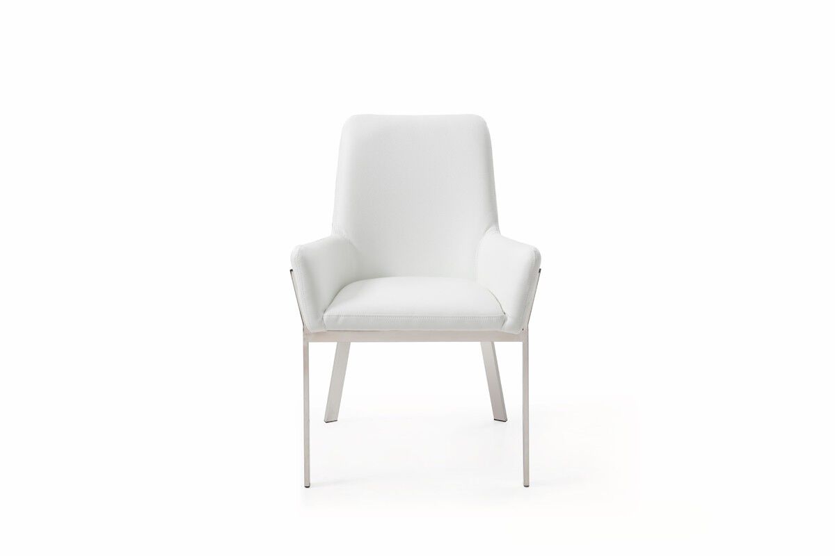 Bonded Leather Dining Chair with Flared Armrest and Metal Legs, White - BM219290