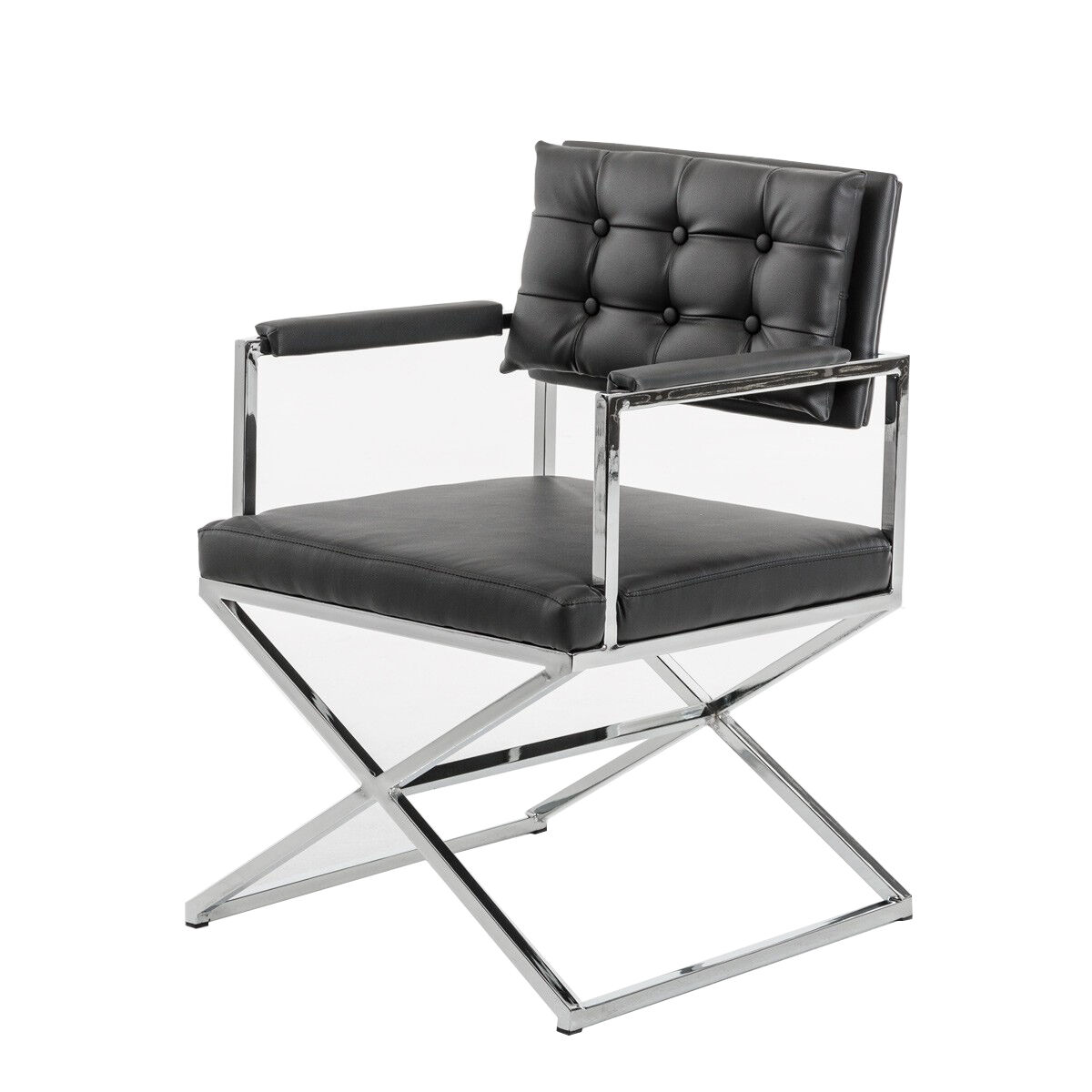 Button Tufted Back Dining Chair with X Shaped Metal Base, Black and Silver - BM219300